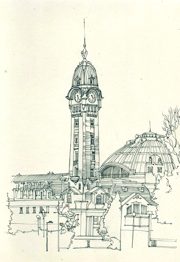 Drawing of the building (Limoges station) - My, Pen drawing, Town, Limoges, Railway station