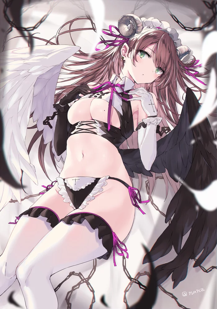 Fallen angel - NSFW, Anime, Anime art, Original character, Horns, Breast, Wings, Pantsu, Housemaid