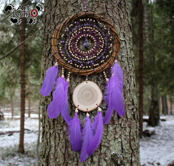 Dream catcher with pebbles and saw cut larch - My, Dreamcatcher, Needlework without process, Needlework, Amulet, Natural stones, Longpost