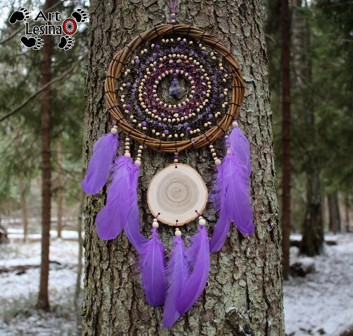 Dream catcher with pebbles and larch cut - My, Dreamcatcher, Needlework without process, Needlework, Amulet, Natural stones, Longpost