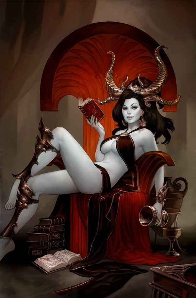 I wonder what she reads?) - NSFW, Art, Demoness, Sexuality, Breast, Erotic