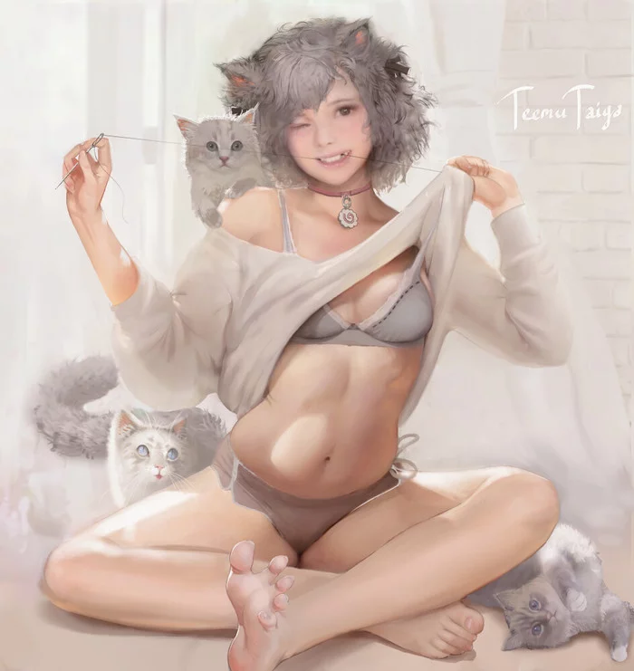 Puss^^ - NSFW, Art, Girls, Erotic, Underwear, Sewing, cat, Teemu Taiga, Neko