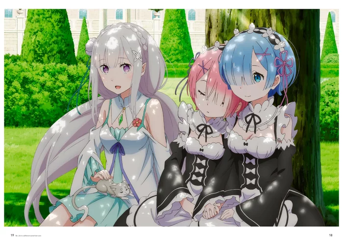 Relaxing day - Re:Zero Kara, Rem (Re:Zero Kara), Ram (Re:Zero Kara), Emilia, Puck, Anime Art, Аниме