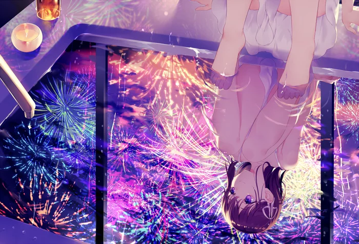 Fireworks - Аниме, Арт, Anime Art, Original Character, Фейерверк, Отражение, Девушки