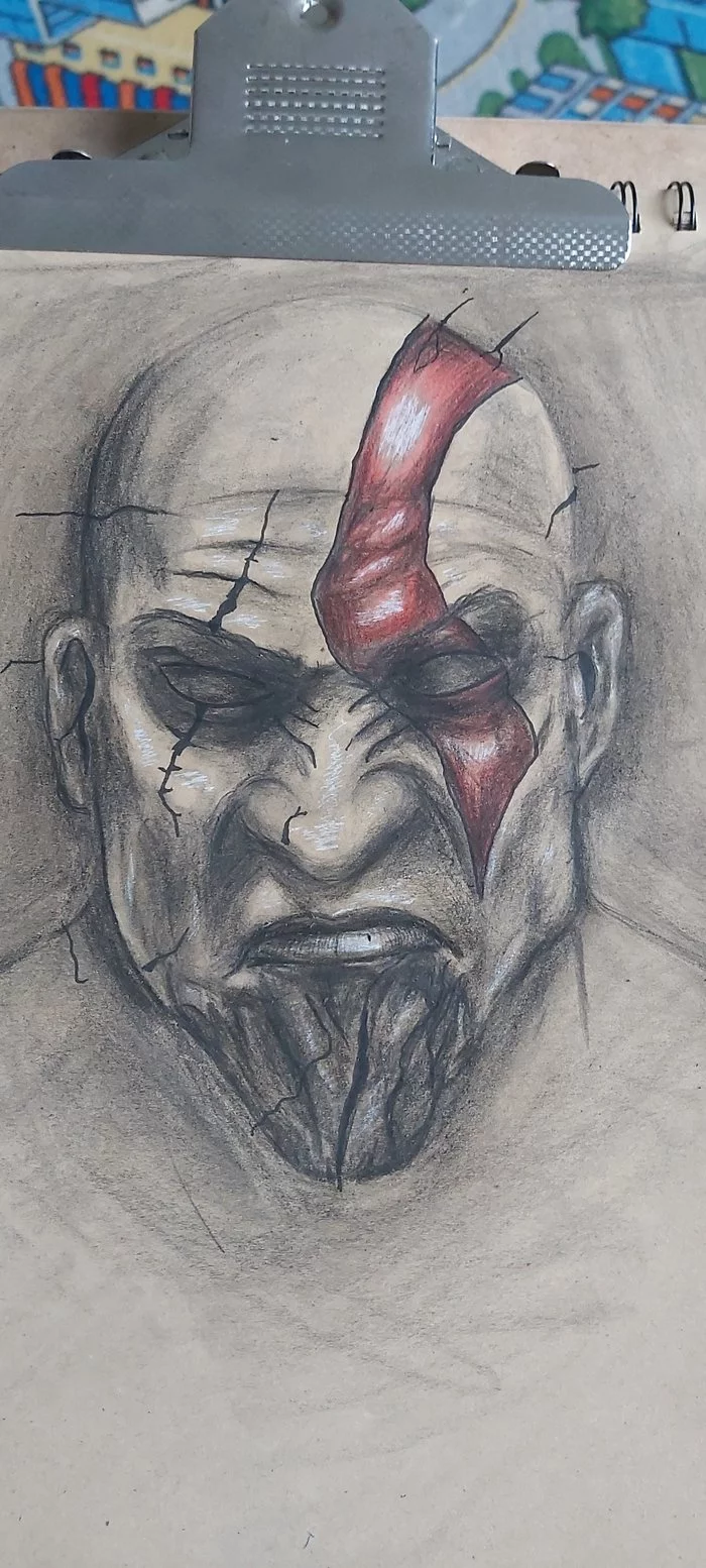 Now the first Kratos and the supplement) - My, Drawing, Pencil drawing, Longpost, Actors and actresses, Leon, Kratos, Tattoo sketch, Sketch, Art