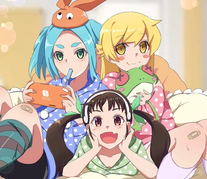 Stay at home! Stay at home!!! (with lolio!) - Anime Art, Shinobu Oshino, Hachikuji Mayoi, Yotsugi Ononoki, Monogatari series, Loli