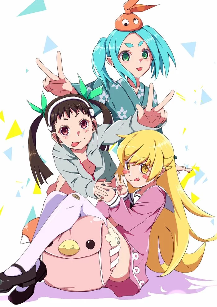 Тут даже мой мимиметр сломался и растёкся в улыбку) - Anime Art, Loli, Shinobu Oshino, Hachikuji Mayoi, Yotsugi Ononoki, Monogatari series