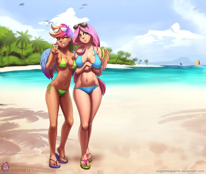 Continuing the theme of beach ponies - My little pony, PonyArt, Fluttershy, Rainbow dash, Sugarlesspaints, MLP Edge, Humanization, Swimsuit