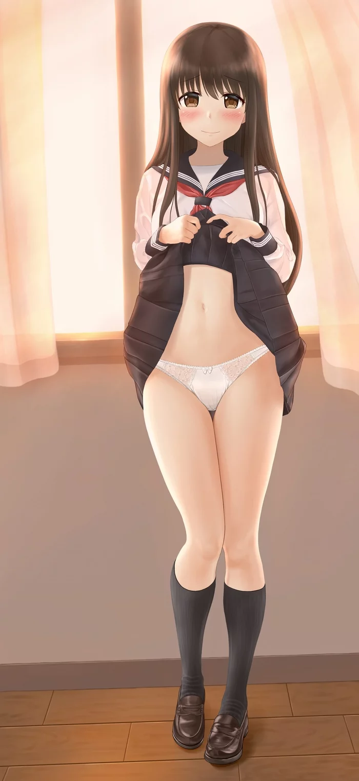 Near the window - NSFW, Art, Anime art, Original character, Girls, Erotic, Underwear, Upskirt, Longpost, Pantsu