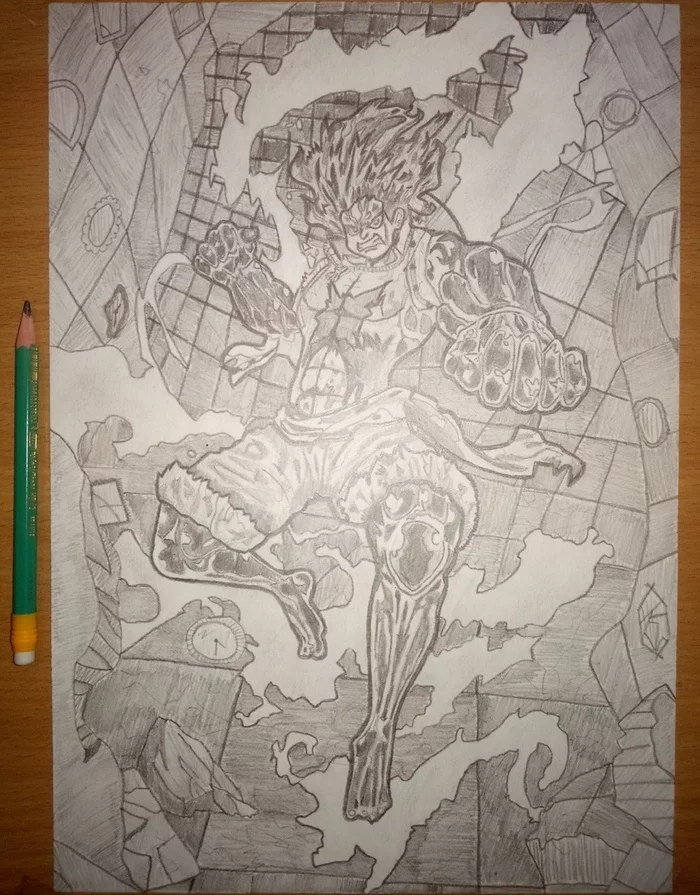 Luffy's Gear 4: Snakeman - My, Pencil drawing, Anime, One piece, Monkey D Luffy, Anime art