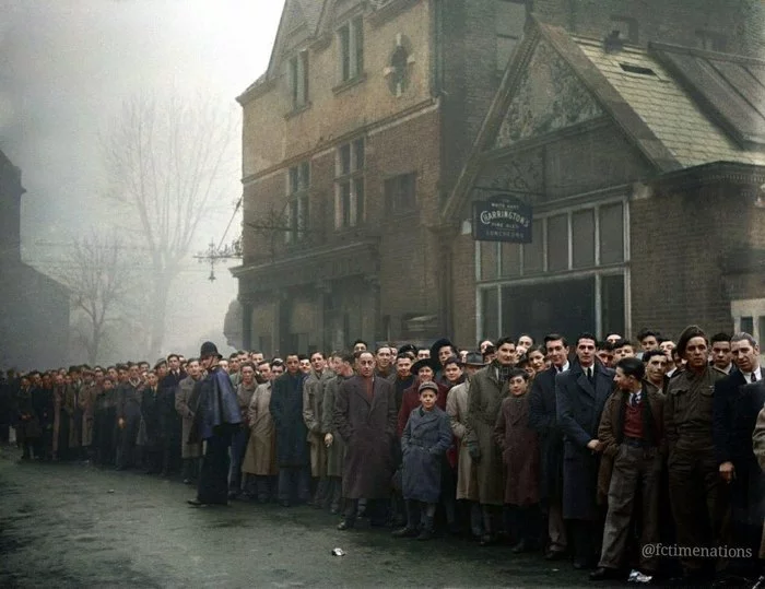 Arsenal fans queue at White Hart Lane ahead of the game against Dynamo Moscow. North London, November 1945 - Story, Dynamo Moscow, Arsenal, Football