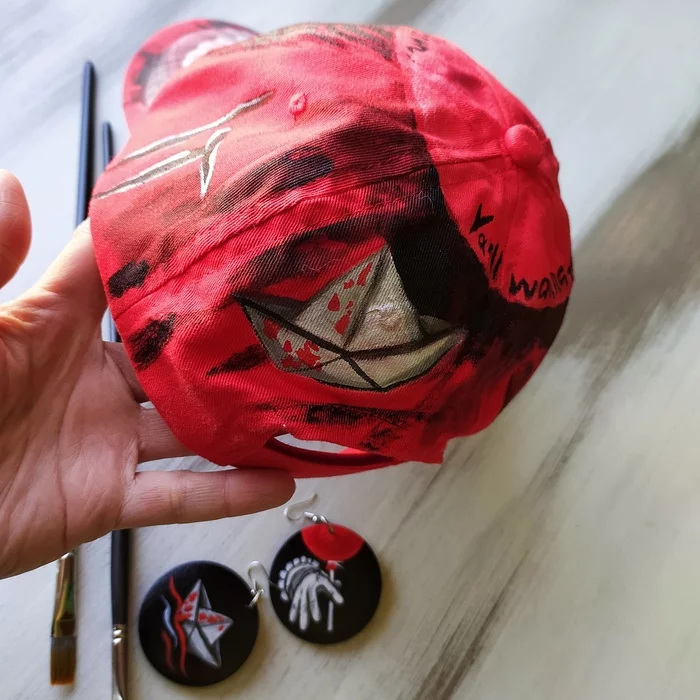 Baseball cap and wooden earrings with Pennywise - My, Pennywise, Baseball cap, Creation, With your own hands, Painting on fabric, Earrings, Longpost