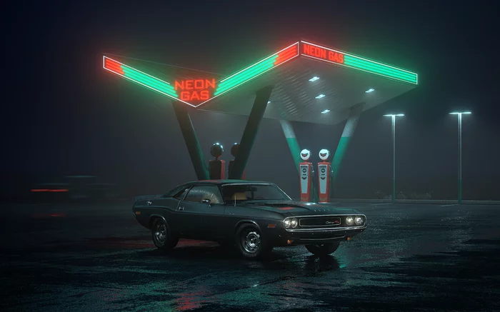 Neon gas station - Render, 3D, Gas station, Auto, Cinema 4d, Corona render, Longpost