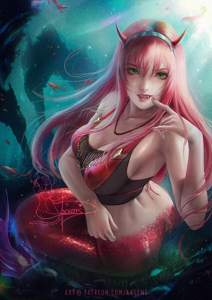 Mermaid zero two - Darling in the Franxx, Zero Two, Anime Art, Аниме, Русалка