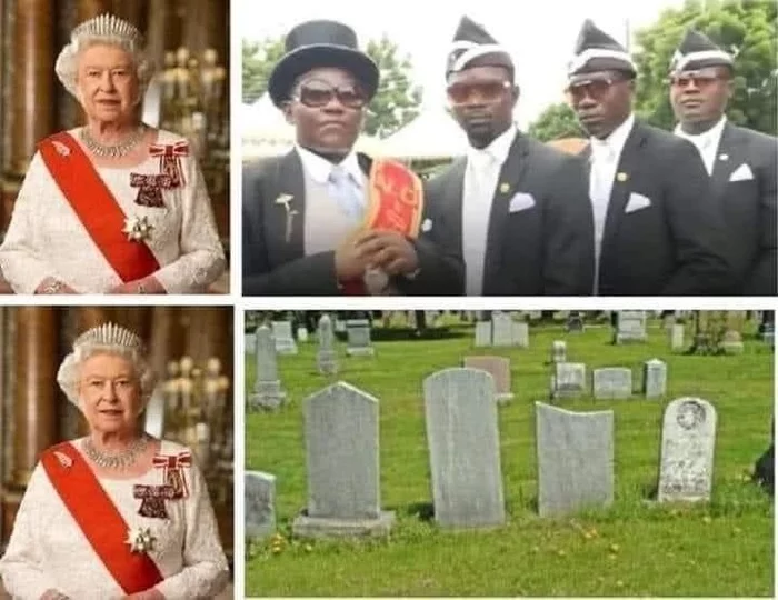 Can't wait) - Queen Elizabeth II, Dancing Undertakers, Picture with text, Headstone