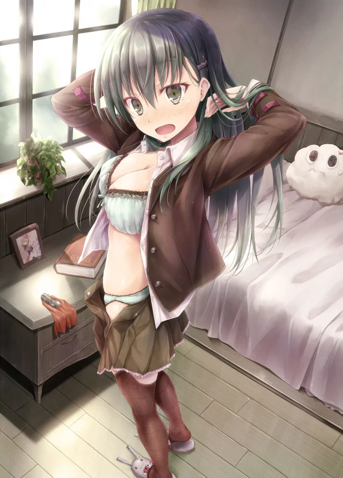 In the bedroom - NSFW, Art, Anime art, Kantai collection, Suzuya, Erotic, Underwear, Boobs, Bedroom