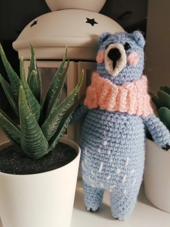 Knitted bear with scarf - My, Amigurumi, Crochet, Knitting, Needlework without process