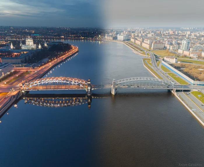 Day and night. Bolsheokhtinsky Bridge - My, Saint Petersburg, Quadcopter, Bolsheokhtinsky bridge, The photo