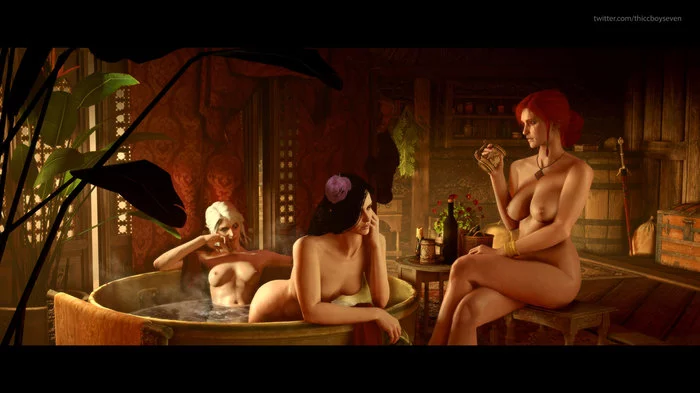 In the bath - NSFW, Art, 3D, Erotic, Witcher, Ciri, Yennefer, Triss Merigold, Geralt of Rivia, Thiccboyseven