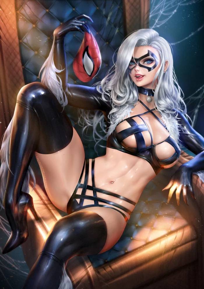 Black Cat (Felicia Hardy) - NSFW, Art, Spiderman, Black Cat (Marvel Comics), Erotic, Underwear, Stockings, Latex, Neoartcore, Longpost, Marvel