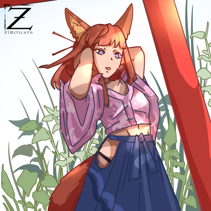 Keep the fox in between :) I'm painting a comic... - My, Art, Kitsune, Zymoslava, Fox, Girls, Redheads, Anime, Japan