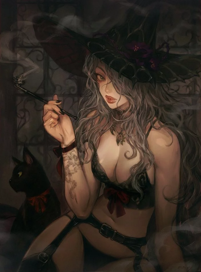 Witch - NSFW, Art, Girls, Witches, Fantasy, cat, Morry