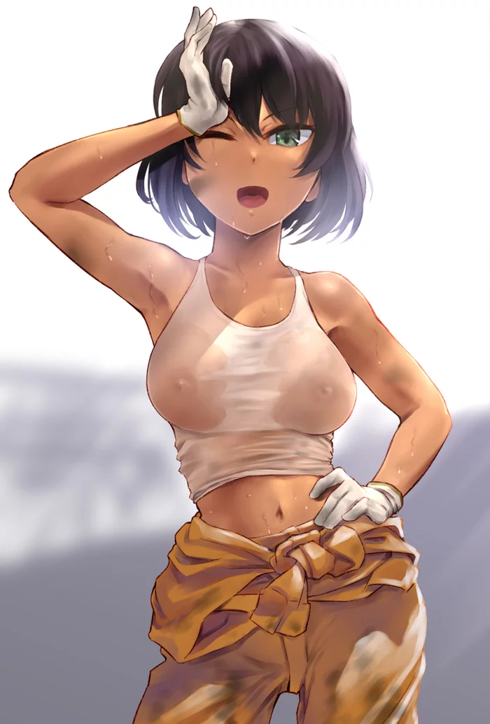 Worn out - NSFW, Girls und panzer, Anime, Hoshino, Hand-drawn erotica, Breast, Wet T-shirt, Mechanic, Longpost, Wa genryusui