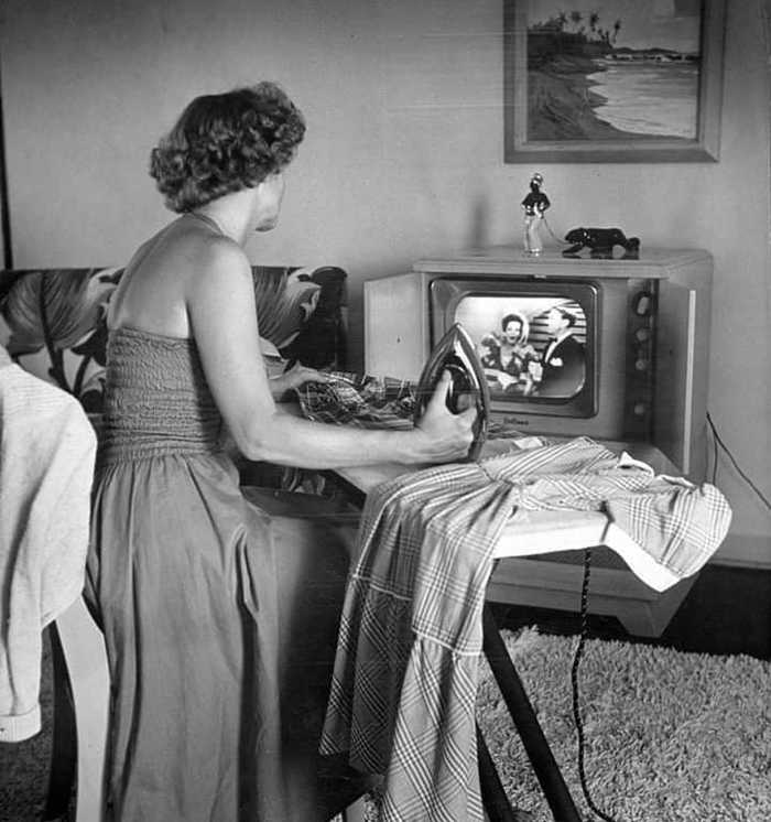 TV and iron - 1952, TV set, Iron, Female, Retro, Iron, Old photo, Black and white photo, Women