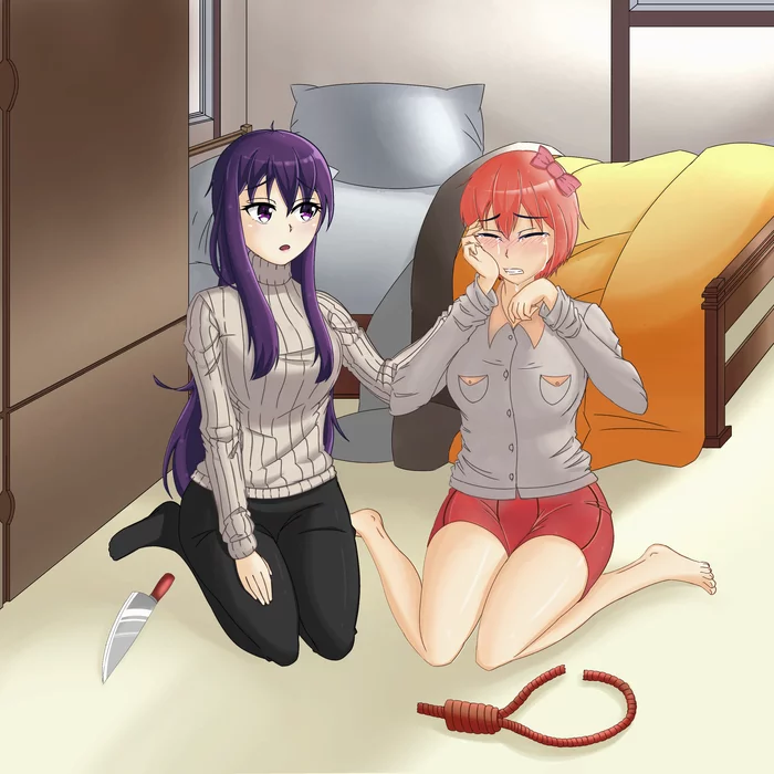Sayori... I-it will be okay... - Doki Doki Literature Club, Sayori, Yuri DDLC, Anime Art, Визуальная новелла