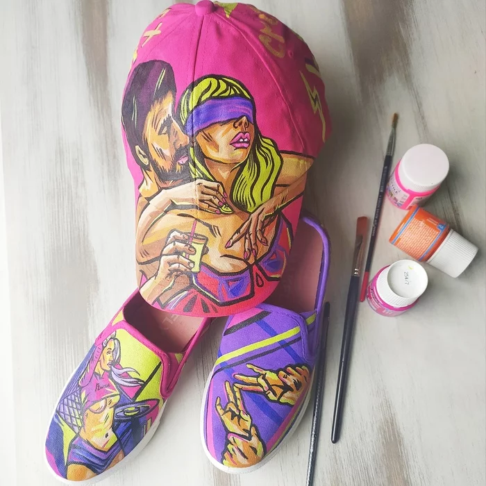 Hand-painted baseball cap and slip-ons - Handmade, Painting on fabric, Shoes, With your own hands, Creation, Baseball cap, Outrageous, Longpost