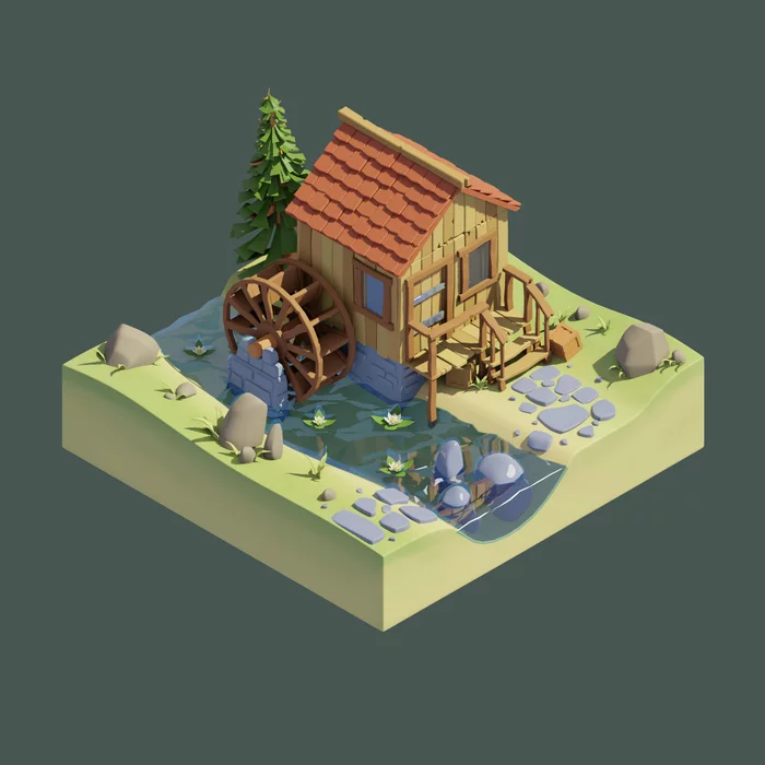 Self-isolation as a chance to learn something - My, Water Mill, Low poly, 3D, Blender, Evie, Art, Video, Longpost