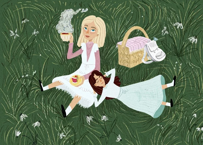 Small picnic on the grass - My, Illustrations, Characters (edit), Picnic, Girls, Art, Stylization