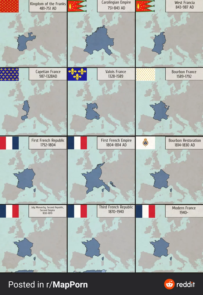 Territory of France (in Europe) in different years - Cards, Geography, Interesting, Reddit, France