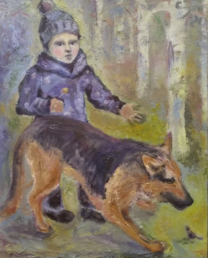 Meeting - My, German Shepherd, Oil painting