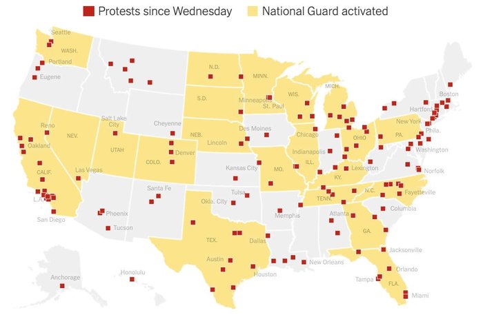 Карта протестов и введение национальной гвардии в США - Карта мира, США, Протест, Беспорядки, Национальная гвардия США, Смерть Джорджа Флойда