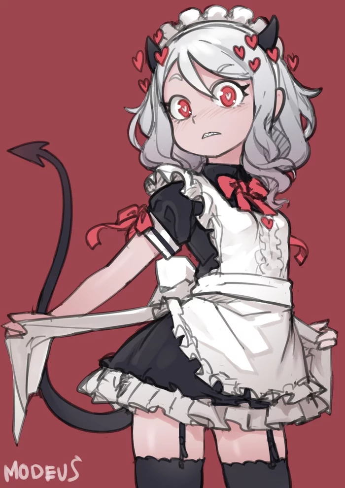 Maid Loli Modeus - Games, Computer games, Anime, Anime art, Helltaker, Modeus, Loli, Housemaid