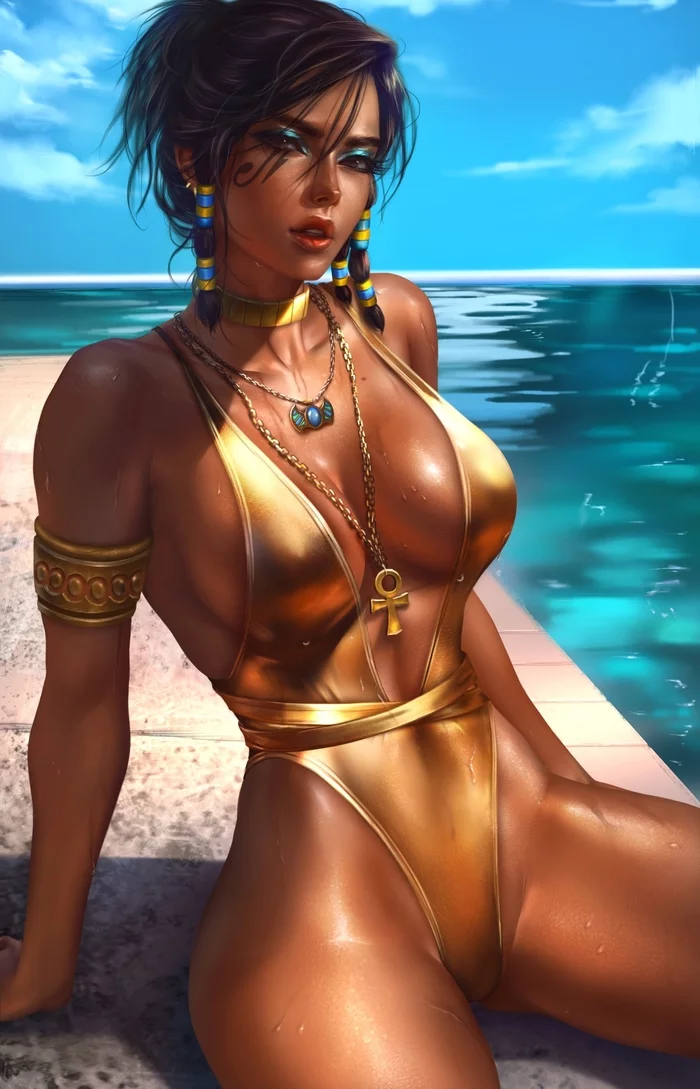 Beach set by Farah - NSFW, Art, Erotic, Girls, Boobs, Overwatch, Pharah, Logan cure, Longpost, Swimsuit