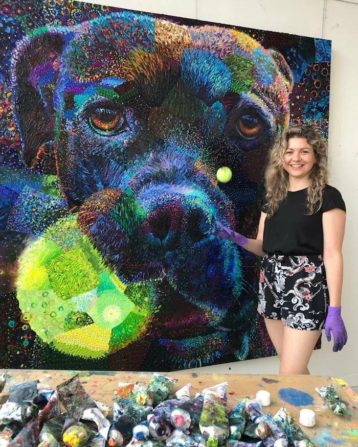 Iris Scott and her wonderful finger painting - The photo, Painting, Art, Painting, Dog, Beautiful girl, beauty