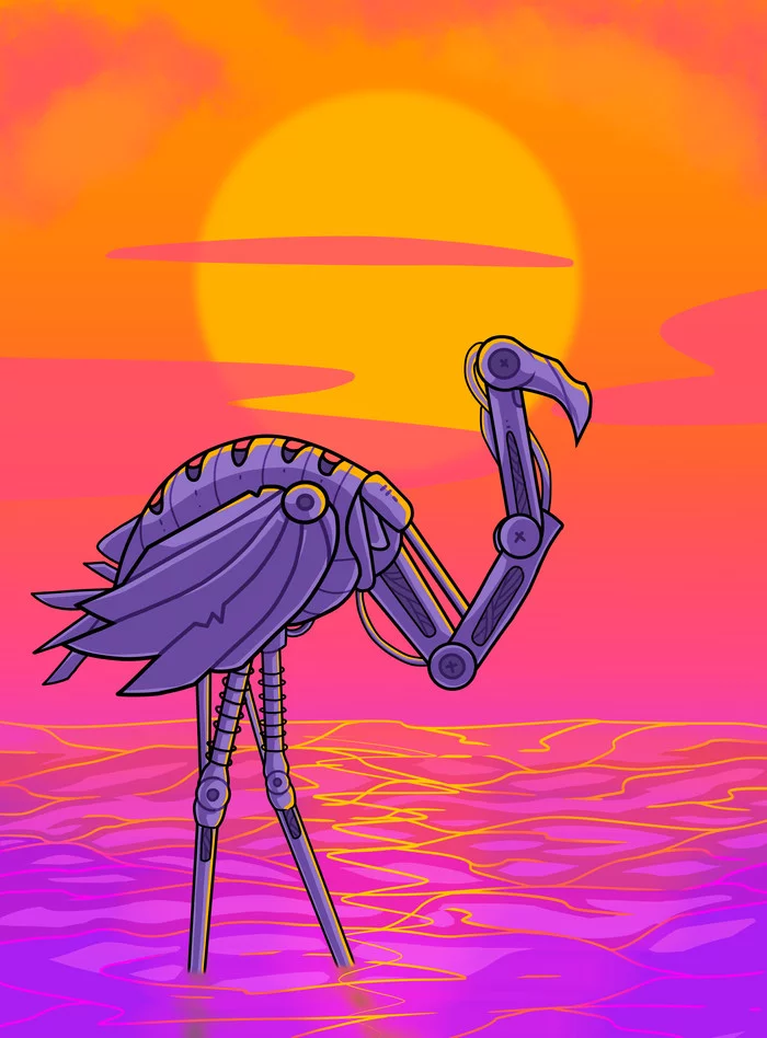 Robofflamingo - My, Art, Flamingo, Landscape, Longpost, Drawing, Digital drawing, Robot, Birds