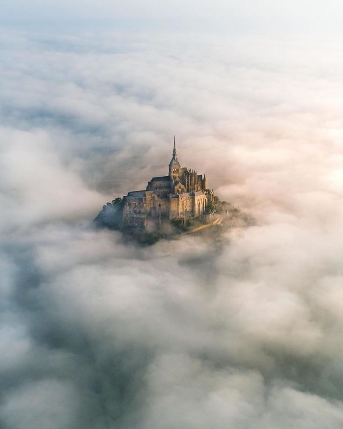 San Michele is covered in fog - France, Abbey of Saint-Mont Michel, Mont Saint-Michel, Saint-Michel, Normandy, Mont Saint Michel