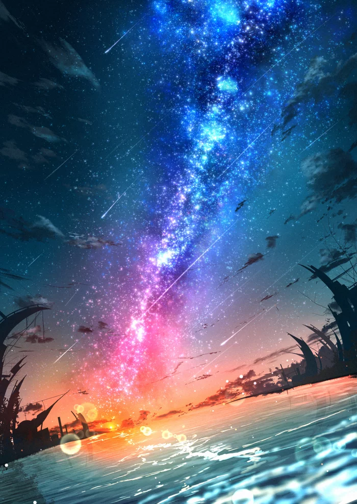 Sunset - Art, Illustrations, Sunset, Sky, Starry sky, Landscape