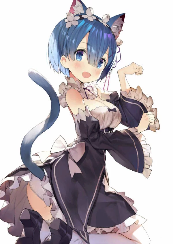 Nya - NSFW, Re: Zero Kara, Rem (Re: Zero Kara), Anime art, Anime, Neko, Pantsu, Animal ears