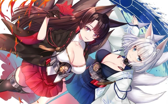 Akagi and Kaga - Anime, Anime art, Azur lane, Akagi, Kaga, Animal ears