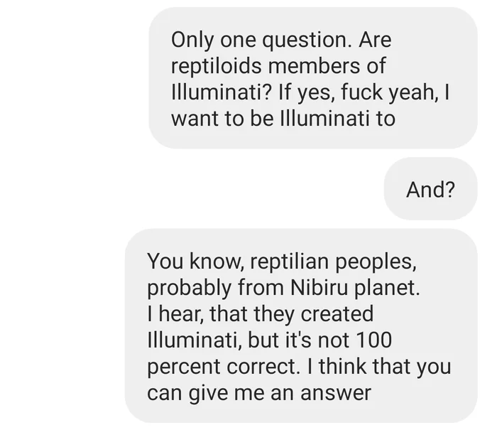 How I was not accepted into the secret society Illuminati - My, Humor, Correspondence, Screenshot, Illuminati, Masons, Mat, Instagram, Longpost, Fraud
