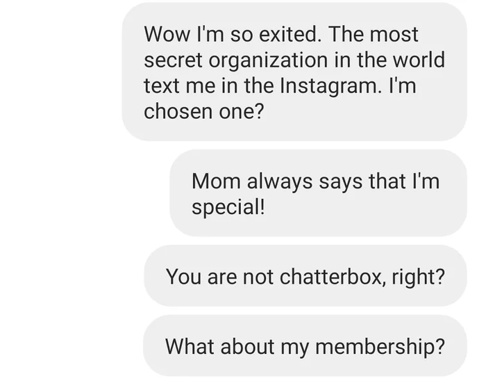 How I was not accepted into the secret society Illuminati - My, Humor, Correspondence, Screenshot, Illuminati, Masons, Mat, Instagram, Longpost, Fraud