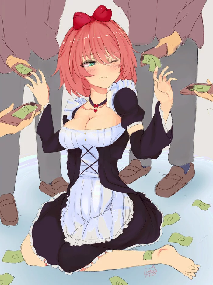 One by one and please line up - Doki Doki Literature Club, Sayori, Anime Art, Визуальная новелла, Горничная