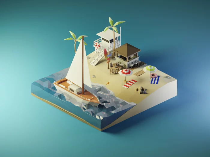 Low poly beach - My, Low poly, Beach, Computer graphics, Isometric, Art
