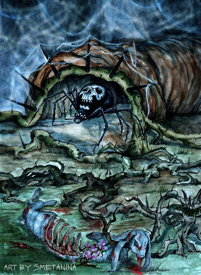 Art by Smetanina - My, Painting, Watercolor, Situation, Fantasy, Spider