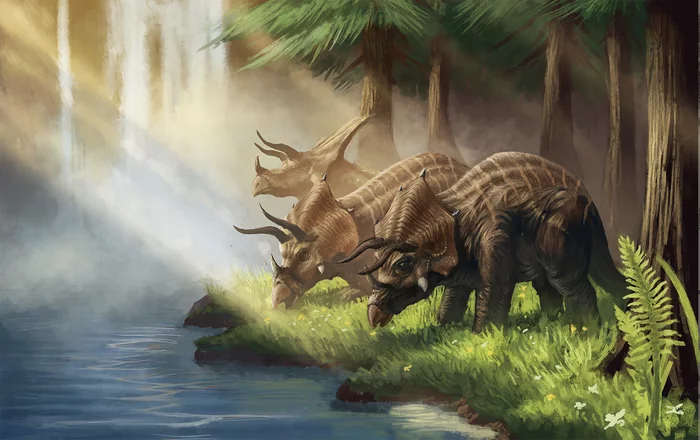 Sunbathing - Art, Drawing, Triceratops, Dinosaurs, Nature