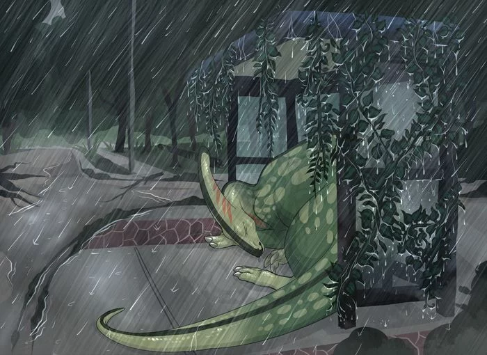 Lazy day at the bus stop - Art, Drawing, Dinosaurs, Rain